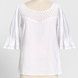 Modcloth White Cotton Short Sleeve Blouse Puff Sleeves Daisy Print Lace M